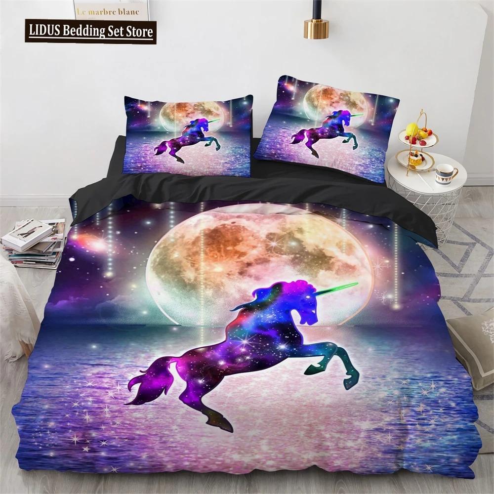 Unicorn Beding Set 3D Print White Horse Soft Duvet Cover Set Pink Background King Quen Ful Twin Sized Dimensions For Children Kids Ten Warm Comforter