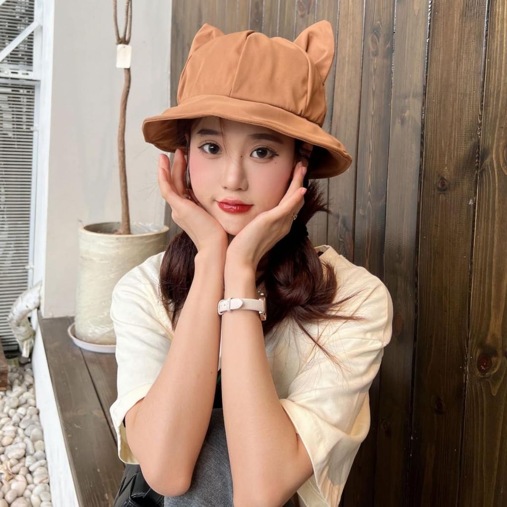 Cat Ear Hat for UV Sun [Qzkouma] Women, Protection, Hat, Spring/Summer, Stylish, Cute, Face-Slimming Effect, MOYU-99 (Brown)