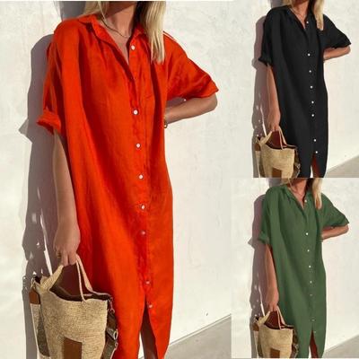 Elegant Casual Loose Short Sleeve Long Shirt Dress Fashion Lapel Women Plus Size Simple Summer Office Dresses Female Solid Color Women's Clothing