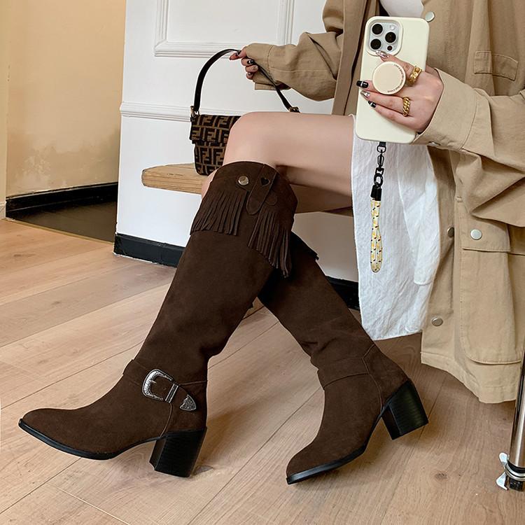 European and American Style Small Round Head Cow Anti-velvet Western Boots~ New Rivet Sleeve Thick Heel Medium Heel High Boots Fringed Boots Women