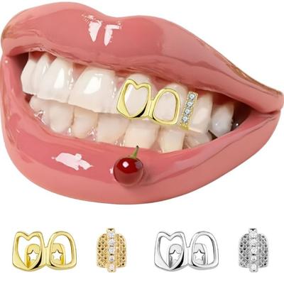 1/2pcs Rhinestone Wearable Tooth Jewelry Gold Color Dental Grills Hollow Heart Tooth Grillz  Daily