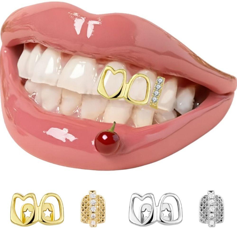 1/2 pièces Bijoux de Dent en Strass Portables Couleur Or Grilles Dentaires Cœur Creux Grillz Dentaire Quotidien