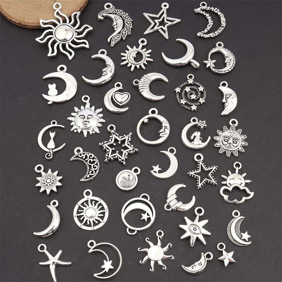 18/48Pcs/Lot Zinc Alloy Antique Silvery Star Moon Pendant Personality DIY Earrings Pendant for Hand Chain Necklace Mardi Gras Day Ramadan