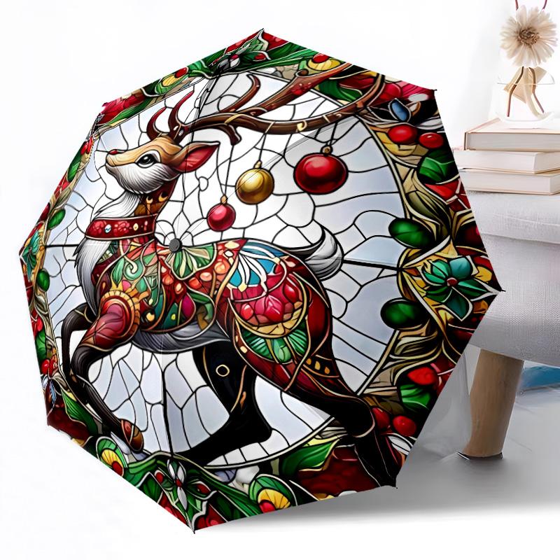 Stained Glass Reindeer Art Compact Travel Automatic Umbrella with 8-Rib Lightweight Travel Essential Fashion Lovers