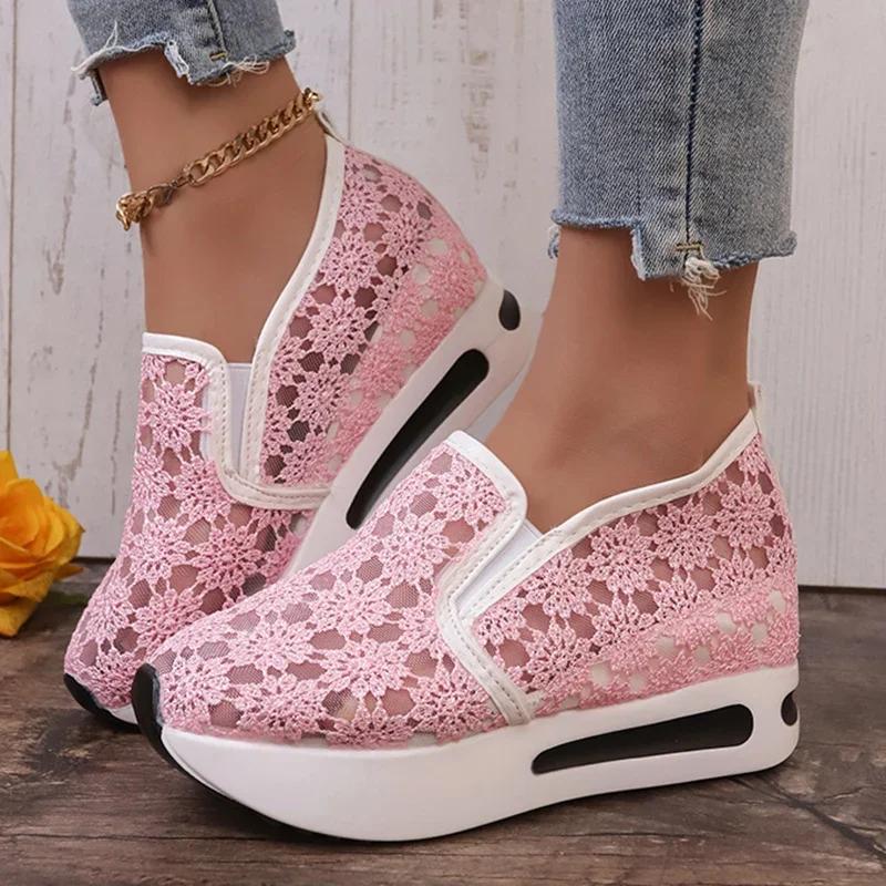 Fashion Fashion Embroidered Platform Sneakers for Women 2025 Summer Breathable Mesh Sports Shoes Woman Thick Sole Slip On Casual Shoes