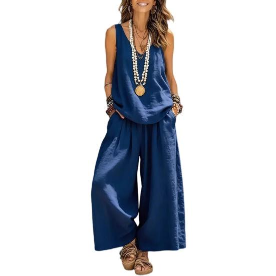

Women s Summer Sleeveless 2 Piece Outfit V Neck Top And Wide Leg Pants Set Casual Vacation Matching Lounge Set S синій