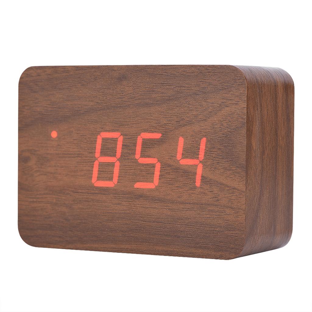 Wooden Electronic Digital Alarm Clock Temperature LED Display Sounds Control Brown