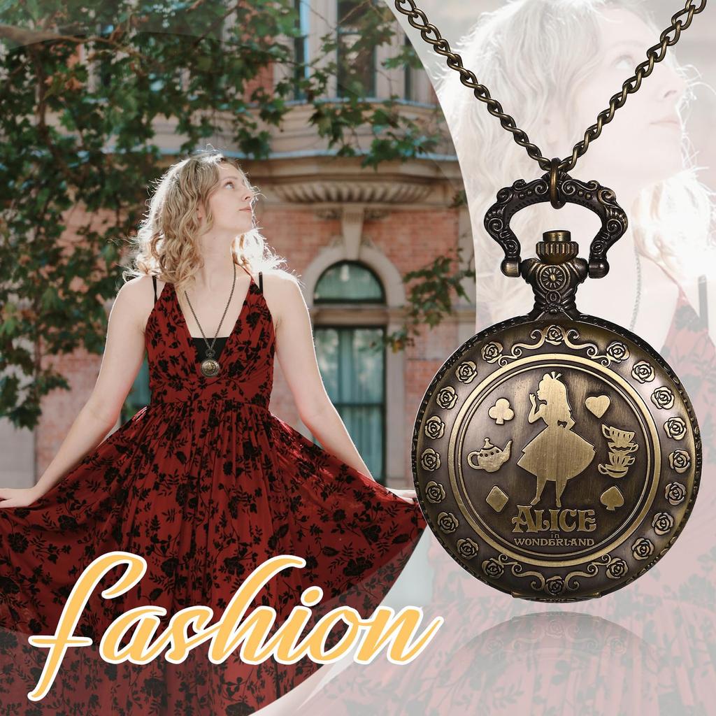 Cute Alice In Wonderland Antique Pocket Analog Pendant Sweater Chain Christmas Gift Watch Watch, Waterproof, Retro, Necklace, - Birthday,