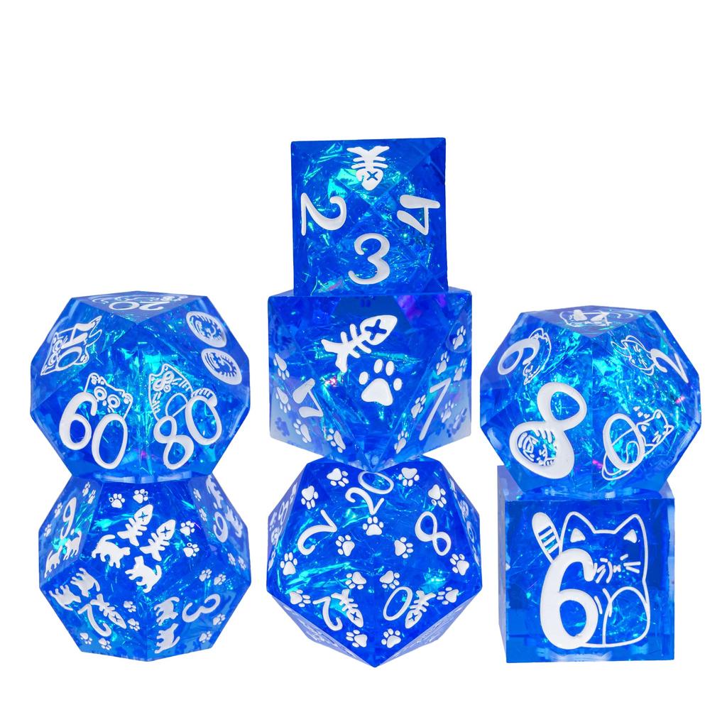 Cusdie Cat Element D&D Dice Set Sharp Edges D4-D20 Cute Cat Claws Fish Pattern Handcrafted Polyhedral Dices for RPG Board Games
