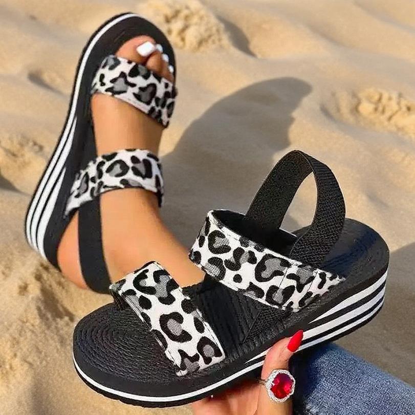 Fashion Women's Minimalist Wedge Sandals Leopard Open Toe Thick Soled Platform Casual Shoes Ankle Strap Female Slingback Sandalias