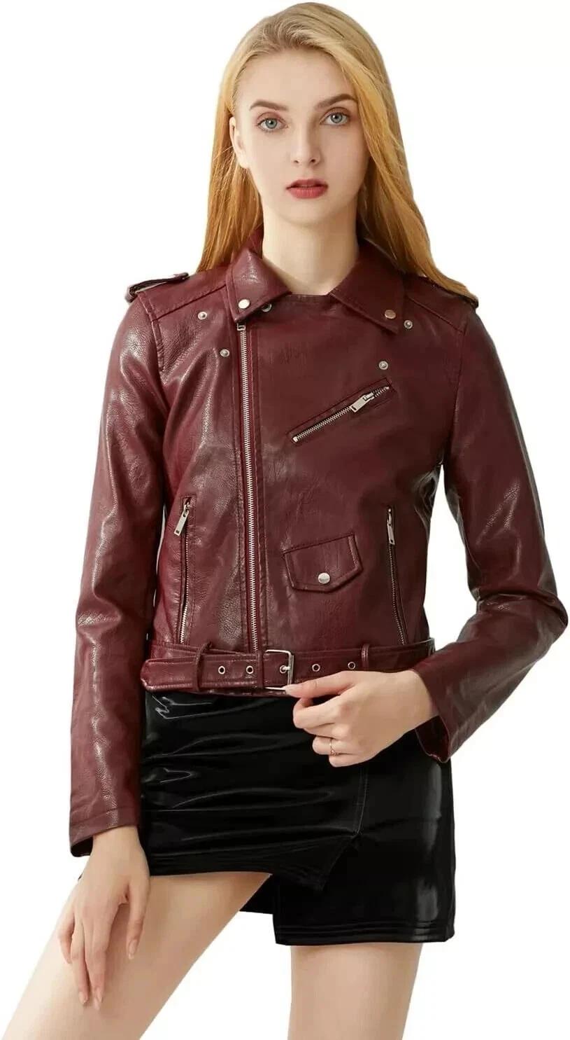 

Женская стильная куртка ручной работы из натуральной овчины бордового цвета в байкерском стиле из мягкой кожи 3XL бордовый