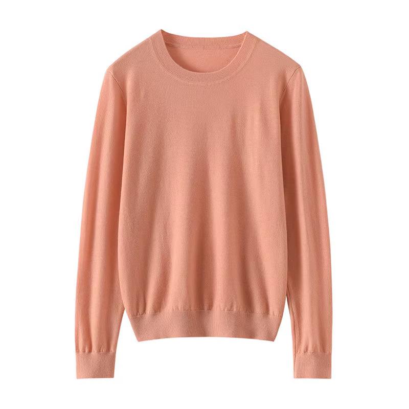 Women's Gentle Style Soft Pure Wool Pullover Sweater - Long Sleeve, Round Neck, Skin-Friendly Knit Base Layer for Spring