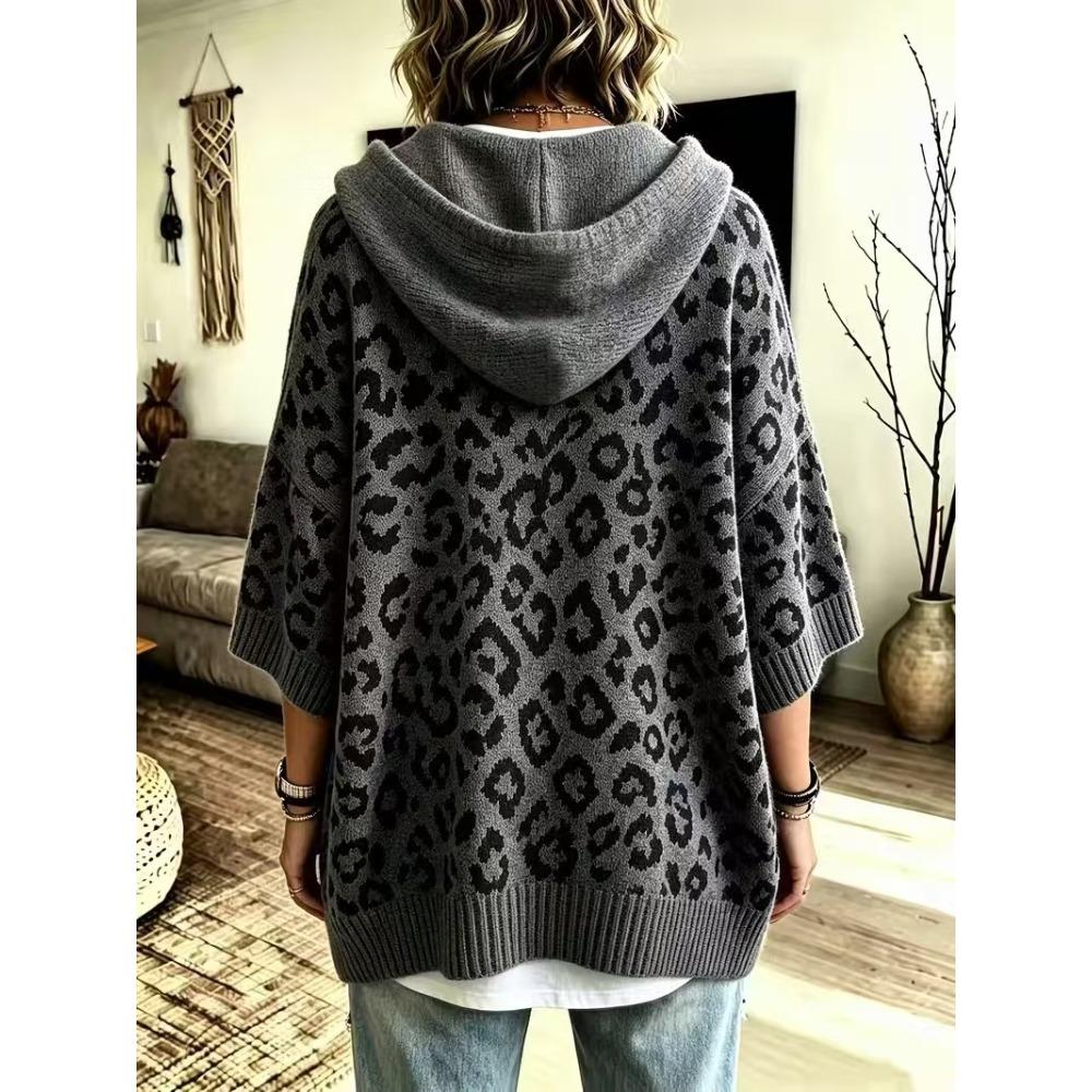 Leopard Print Hooded Sweater Women Drawstring Knit Pullover Hoodie Loose Knitted Outerwear Casual Oversized Sweatshirt Top