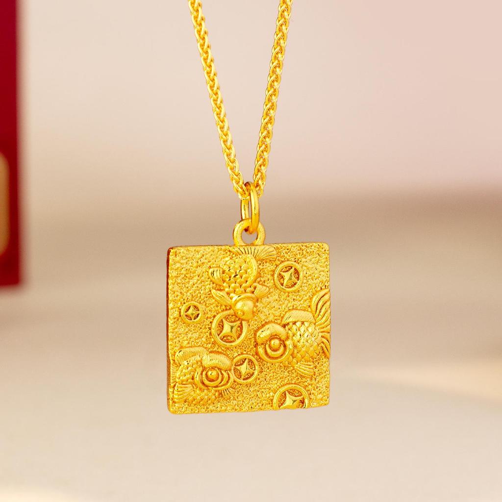 Vintage Gold Koi & Coins Square Pendant Necklace for Women - Elegant Clavicle Chain Jewelry