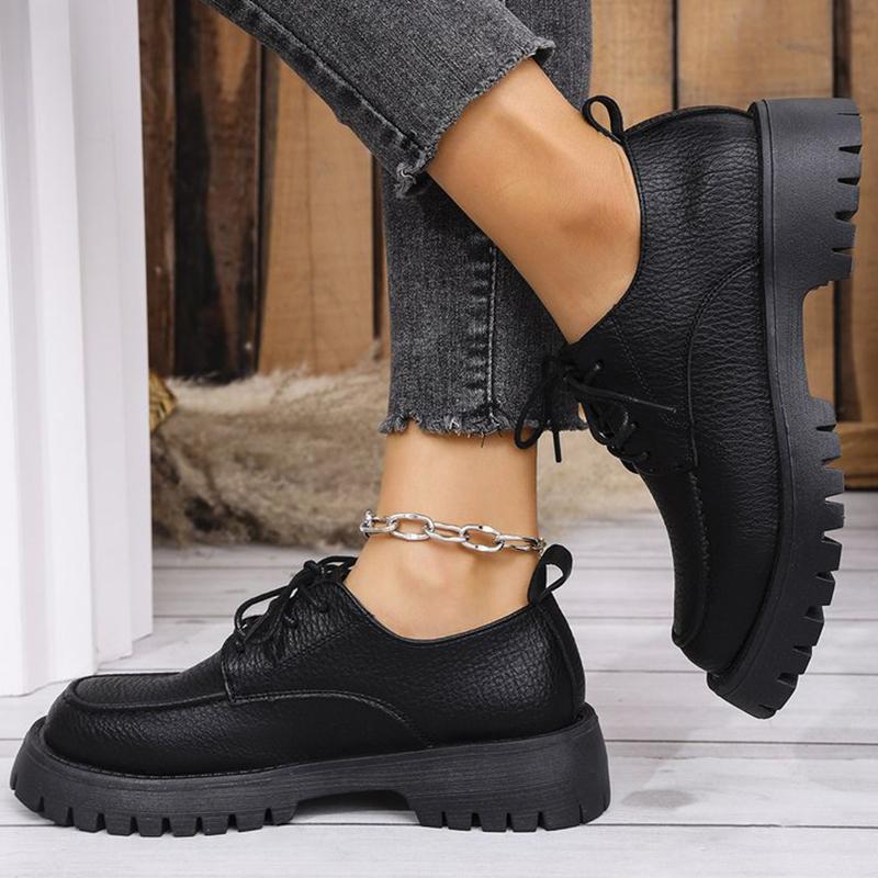 Fashion Black Brown Pu Leather Loafers Shoes for Women Plus Size Platform Casual Shoes Woman Classic Lace Up Wear Resistant Shoes Ladies