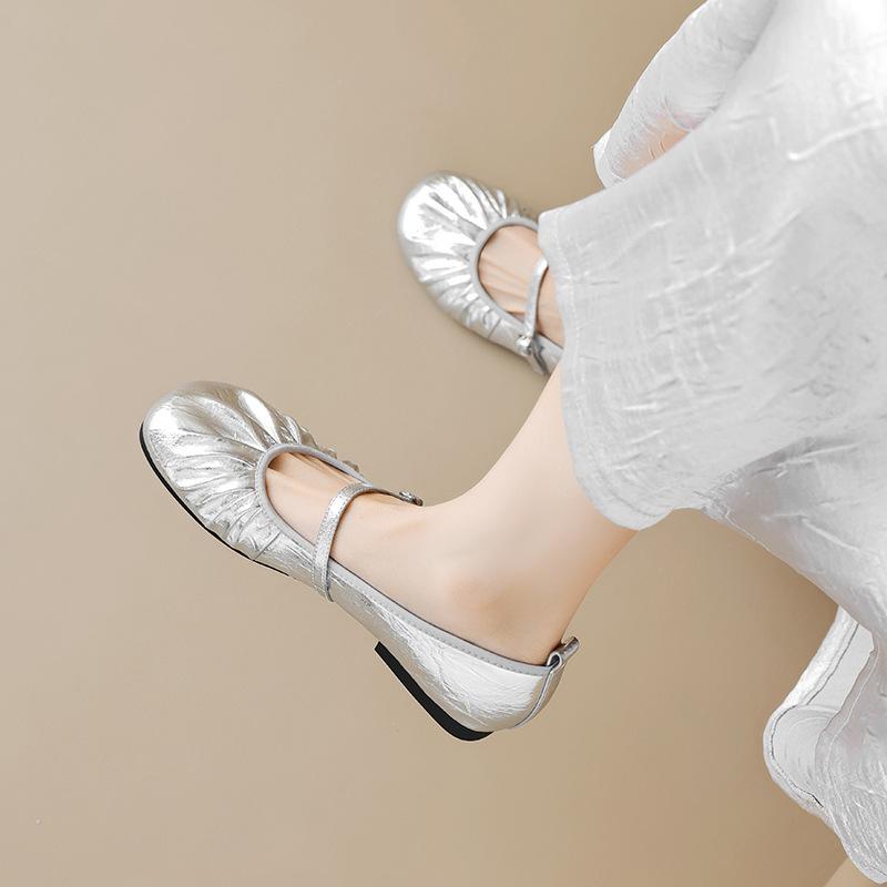 Augustine silver Mary Jane shoes women's 2025 summer new soft-soled pleated small leather shoes low-heeled light-mouth single shoes