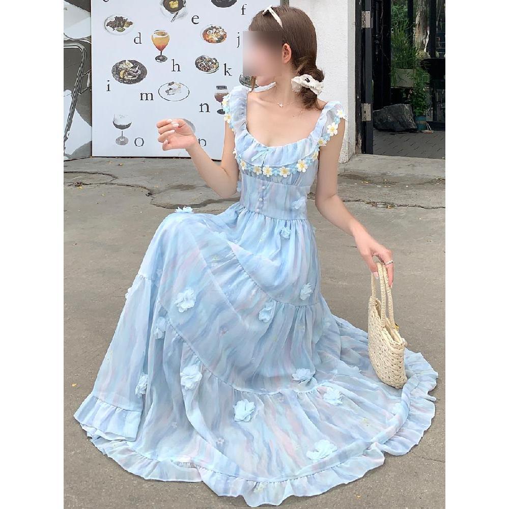 French Summer Slim Seaside Vacation Long Dress Sweet Blue Flower Small Flying Sleeve Suspender Dress Women's Leisure