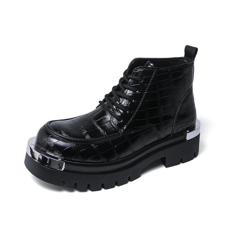 

Мужские кожаные ботинки на высокой платформе большого размера 2025 осень-зима новая мужская обувь с большим носком мужские ботинки модная кожаная обувь короткие ботинки 46 чёрный
