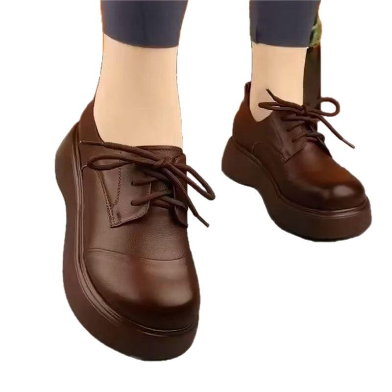 2025 Spring, Summer and Autumn New Lace-up Single Shoes Soft Leather Muffin Thick-soled British Style Round Head Women's Shoes Soft-soled Casual Shoes