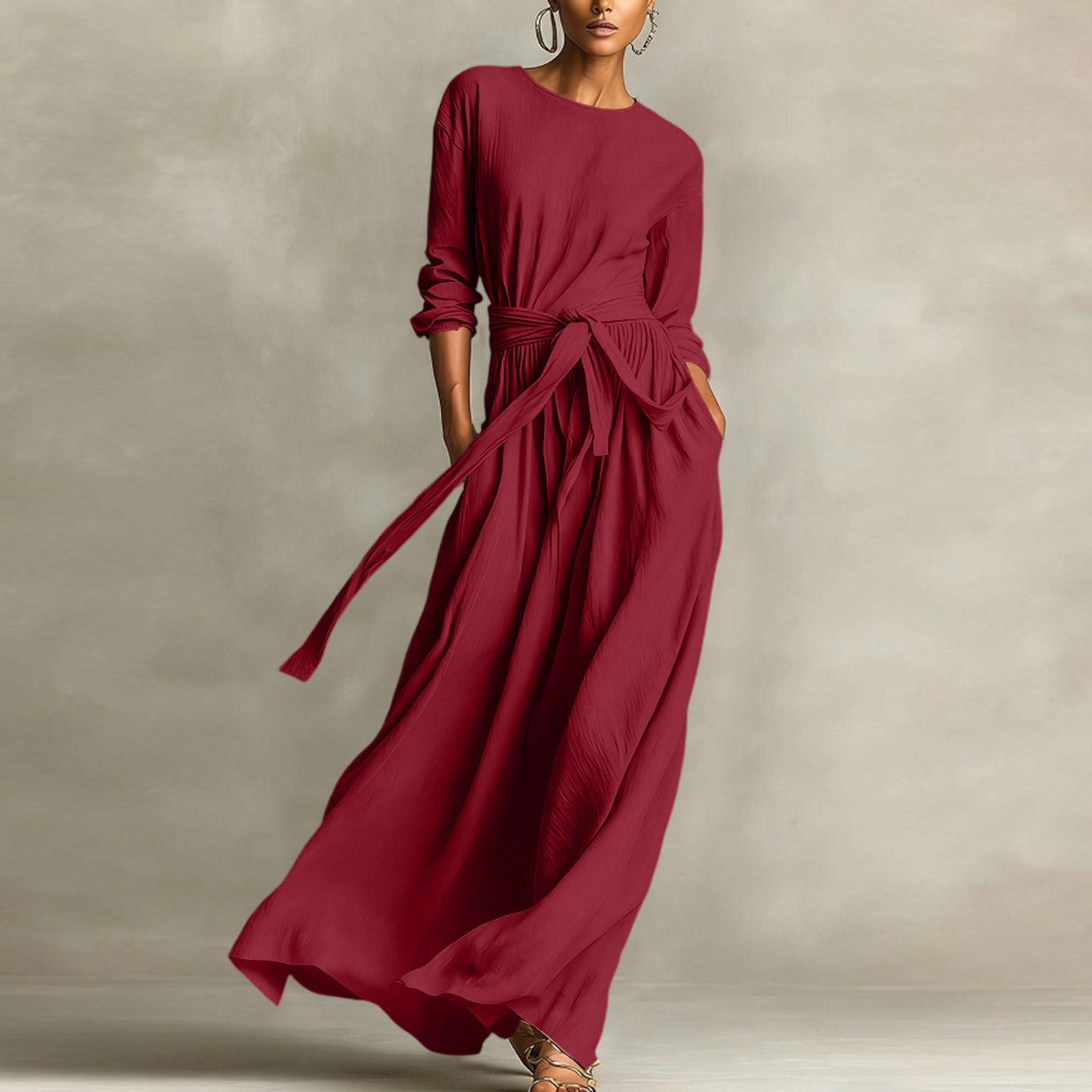 

Ladies Casual And Elegant Long Sleeved Round Neck Dress S винний