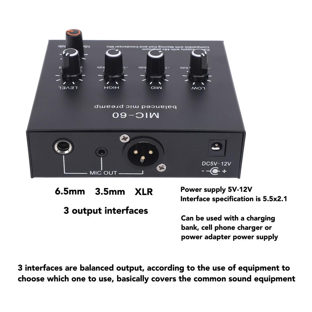 Balanced Mic Preamp 60db Gain Microphone Amplifier Enhance Sound Quality 48V Power XLR Output for Dynamic and Condenser Mic