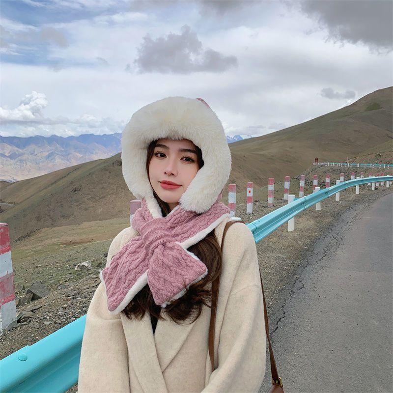 Autumn Winter Japanese Style Cute Plush Ear Protection Scarf Hat Integrated Knitted Fleece Lined Thickened Warm Wool Lei Feng Hat