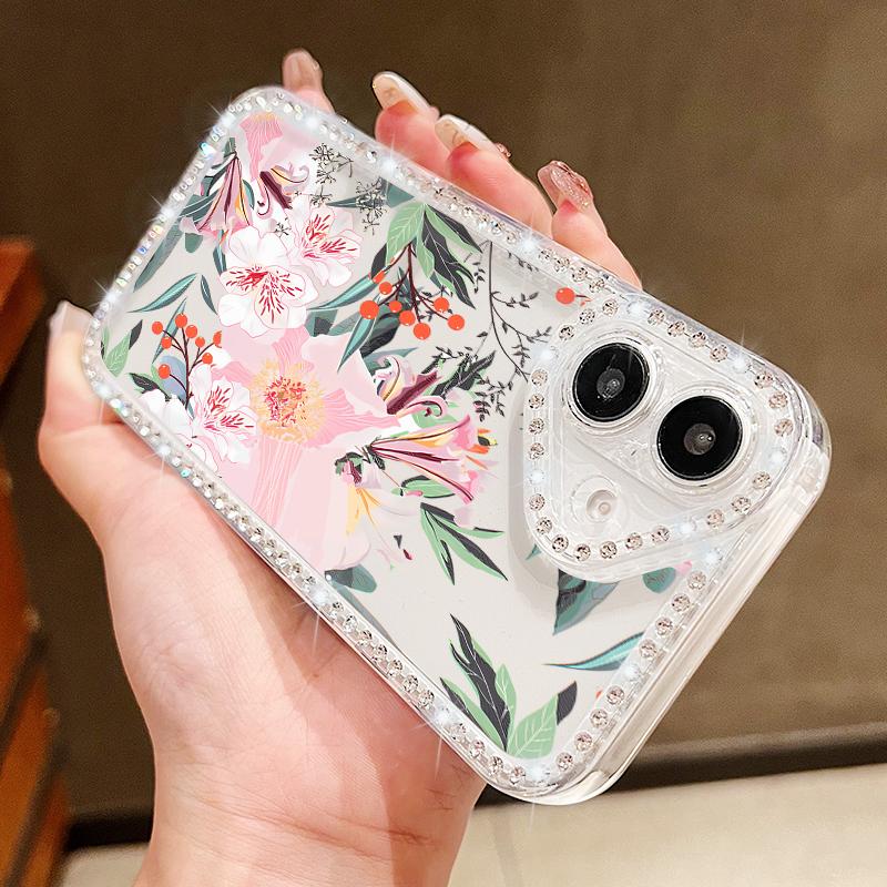Luxury Floral Pattern Clear Shockproof Case For iPhone 16 Pro Max 16E 15 14 Pro 13 12 11 Diamond Frame Anti-Fall Soft Silicone Phone Cover