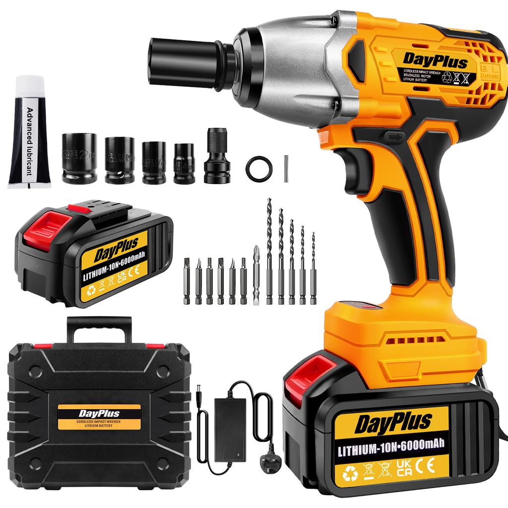 DayPlus 1500Nm Cordless Impact Wrench 3 IN 1 Electric Drill Impact Wrench,Brushless Impact Gun 1/2"Driver Car Tyre Wheel,3 Speed