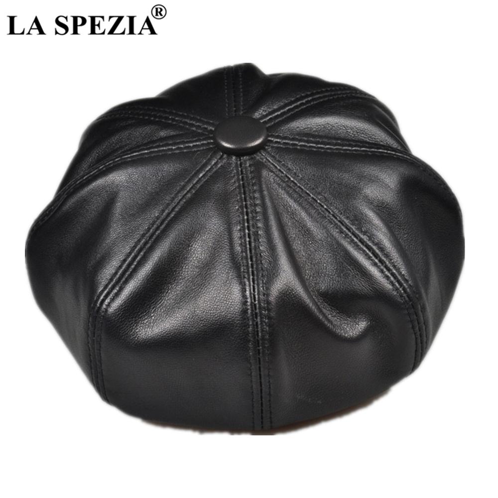 LA SPEZIA Genuine Leather Men Women Newsboy Cap Sheepskin Mens Beret Vintage High Quality Male Female Black Octagonal Cap