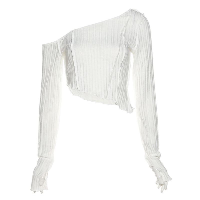 

Женская однотонная приталенная футболка с косыми плечами и длинными рукавами L белый