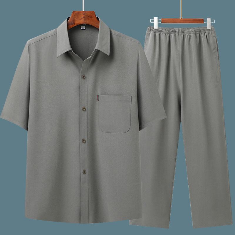 

Летняя рубашка с короткими рукавами, мужской тонкий костюм, рубашка для людей среднего и пожилого возраста, свободный костюм для дедушки XXXXL хаки