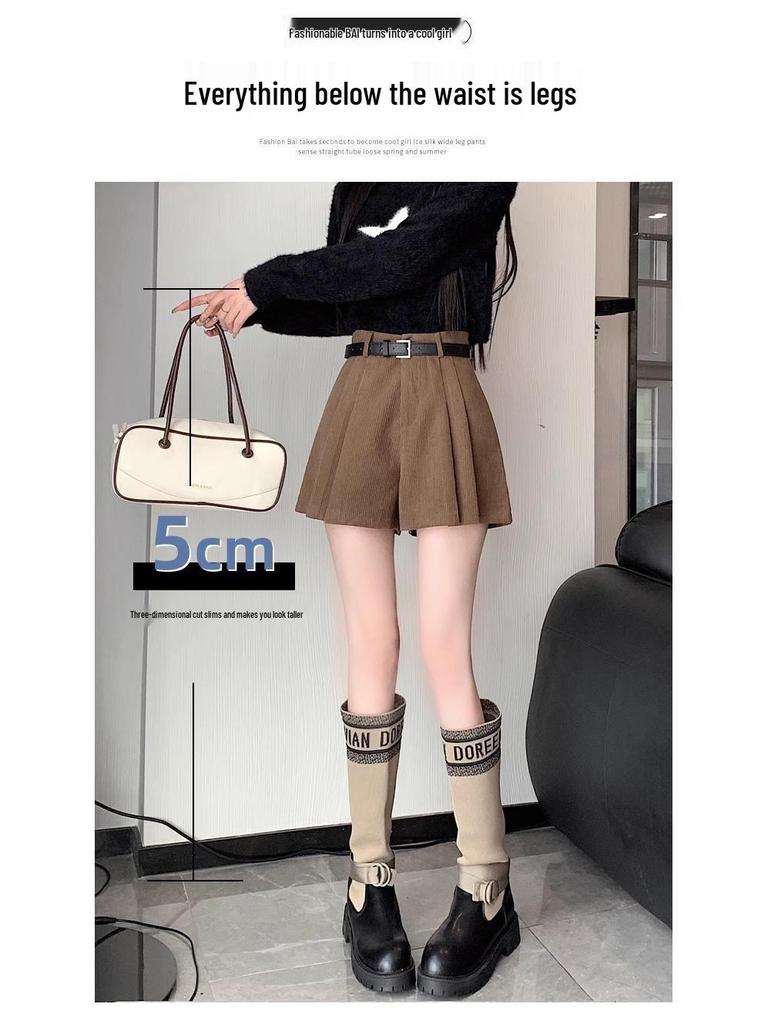 Women's High-Waist Pleated Wide-Leg Shorts for Autumn/Winter - Stylish A-Line Design