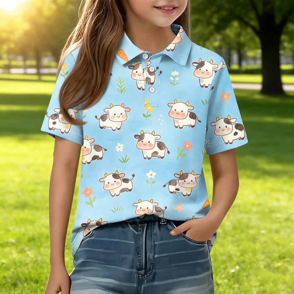 Kids Casual Short Sleeve Polo Shirt Animal Print Top Button Down Collar Comfortable Fit Soft Fabric