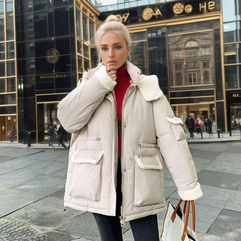 Dámská bavlněná bunda z jehněčí vlny 2024 Zimní kontrastní s kapucí Ležérní parky Kabáty 2 kapsy Zesílená teplá bunda Dámské oblečení