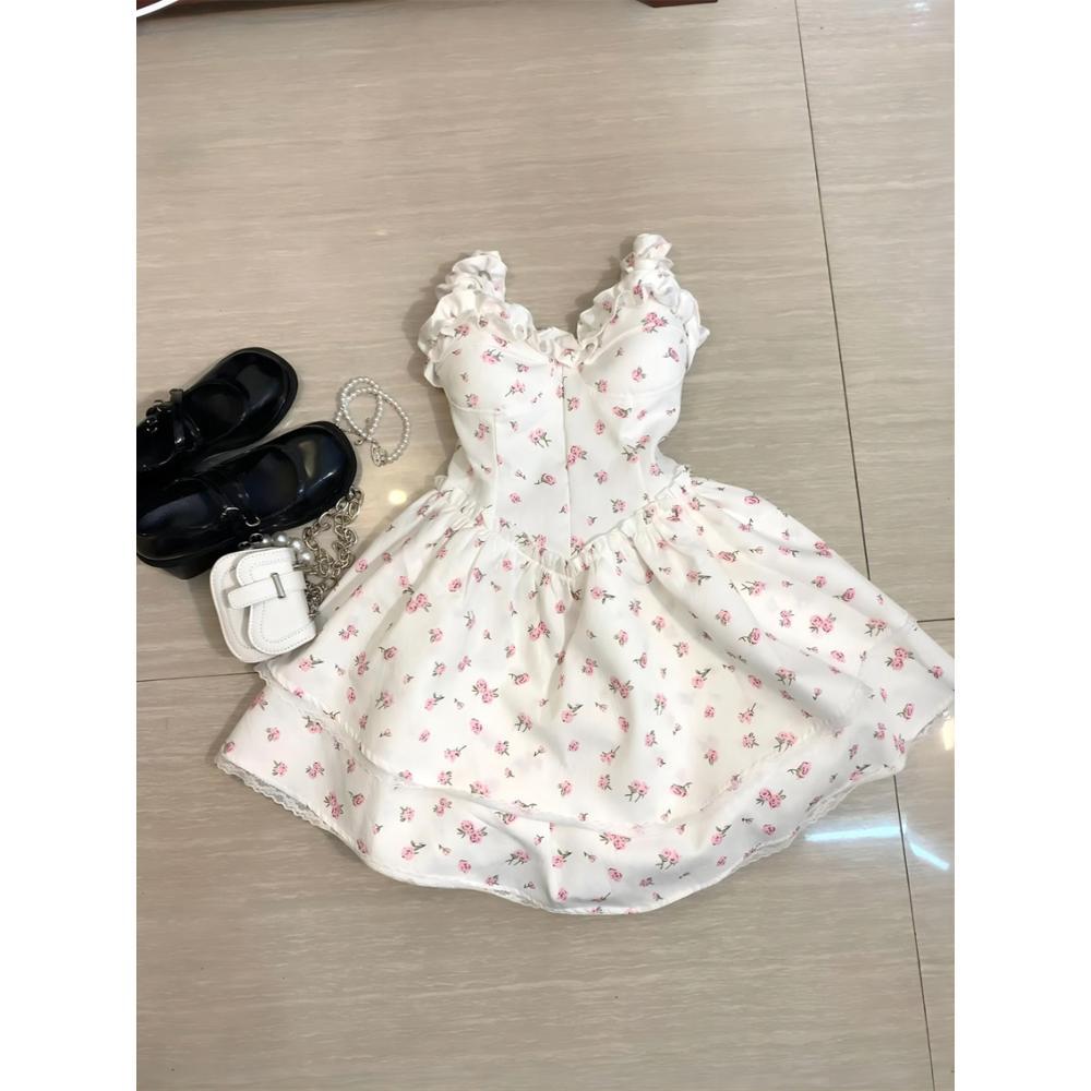 

Юбка с завышенной талией, короткая юбка, платье на бретелях с цветочным принтом для высоких женщин, летняя пачка XL- (recommended 110-60kg)