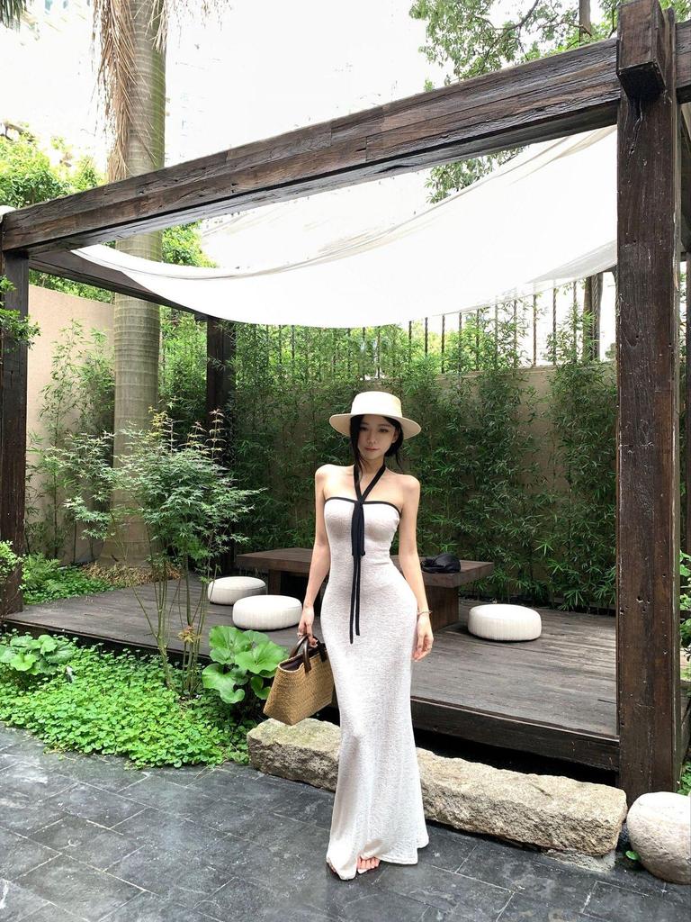 Black & White Off-Shoulder Halterneck Maxi Dress