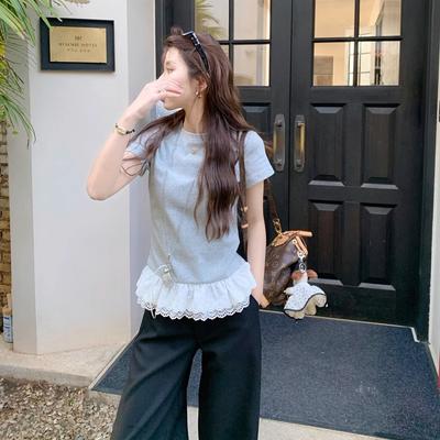 New Splicing Edge Short-sleeved T-shirt Women's Summer Design Short Front Shoulder Shirt Student Top