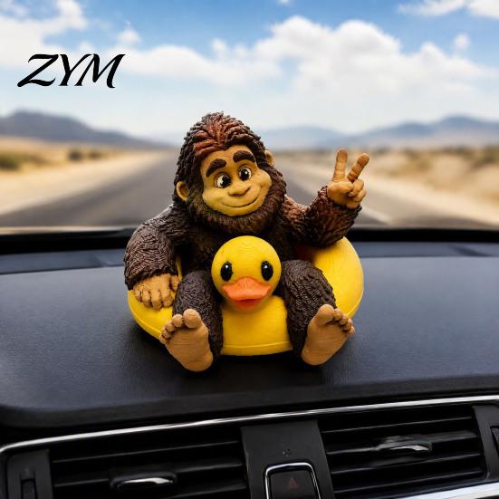 Lifelike Resin Statue Sasquatch And Duck Figurine, on Swimming Ring Statue, Small Collectible Ornament Funny Animal for Home Tabletop Shelf