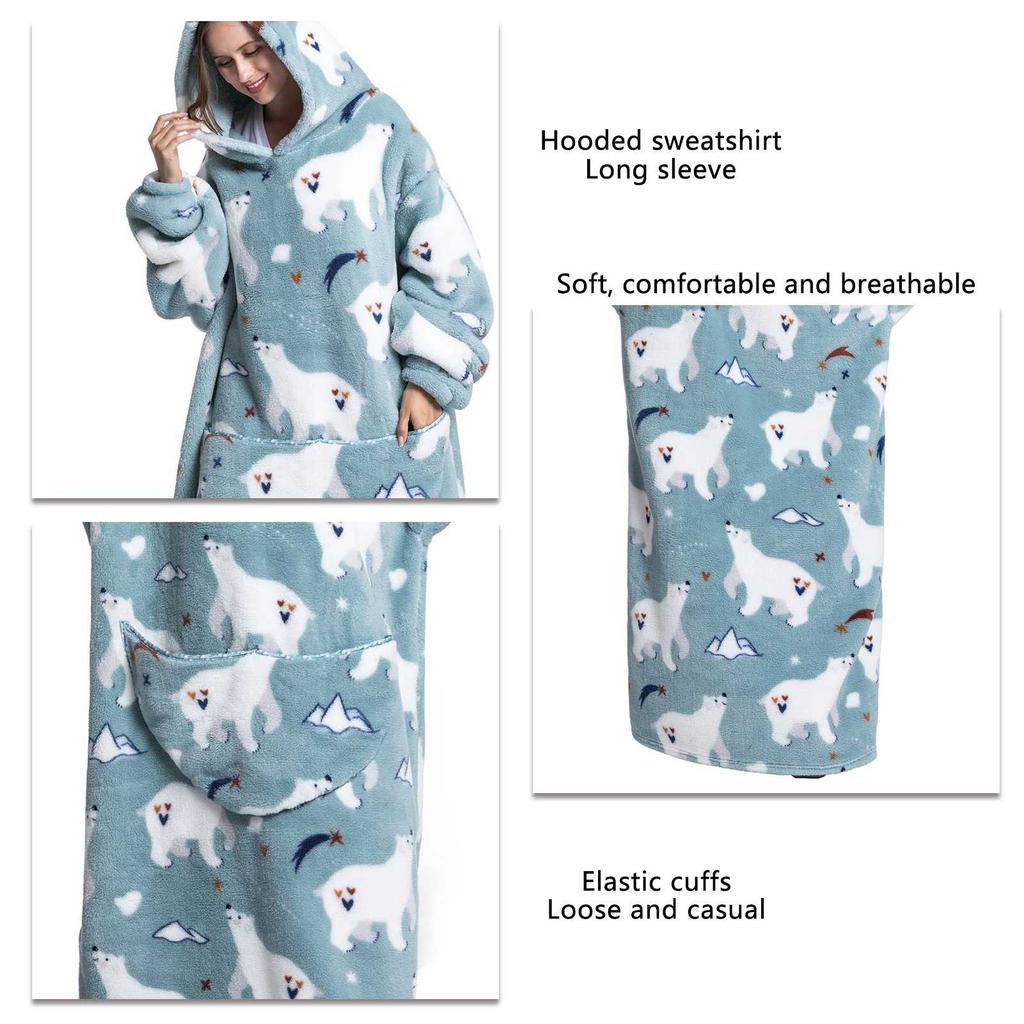 Wearable Blanket Women Home Soft Flannel Casual Print Oversized Hoodie Sweatshirt with Pocket for