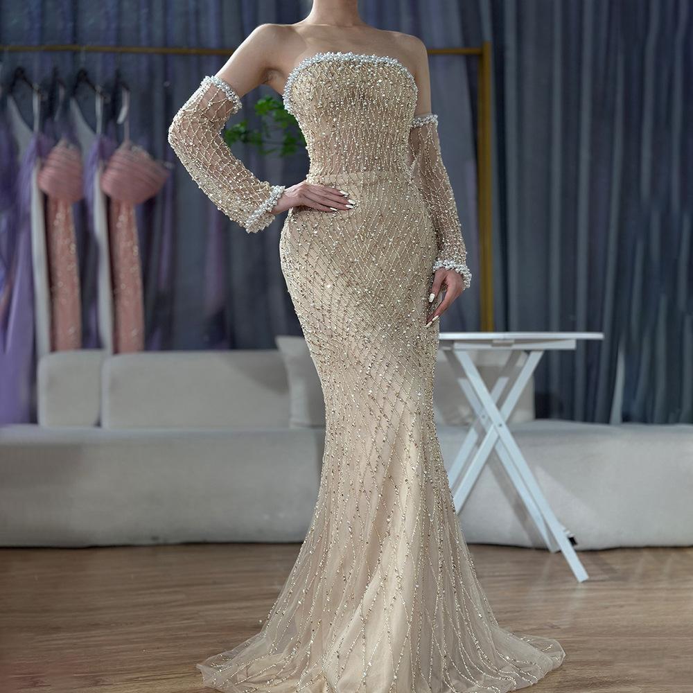 White nude bead with sleeves fishtail evening dress, celebrity dinner art test solo dress LA11119