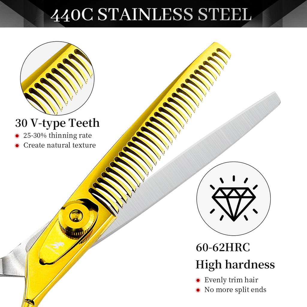 Tesoura de Cabelo Neptune Beauty Dourada Brilhante de 6,0 Polegadas com Cabo Dentado, Tesoura de Cabelo Tesoura Dentada, Fina