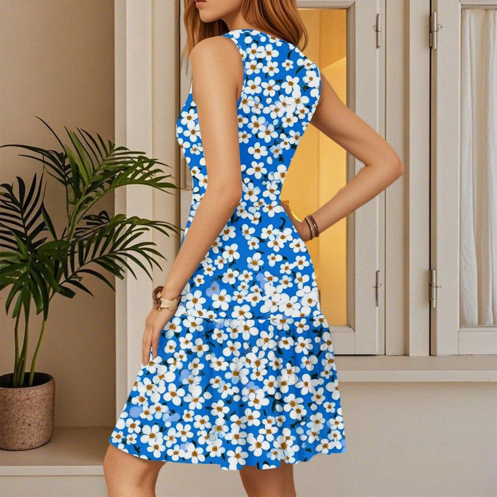 Women's Dress V-neck Sleeveless Casual Floral Print Hem Pleated Dress