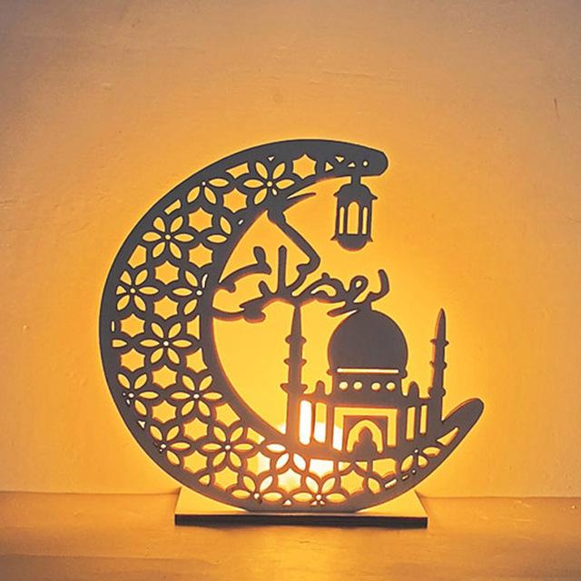 Wooden Moon Star Lights Eid Mubarak Gurbang Muslim Decoration for Home Eid Al Adha Lights