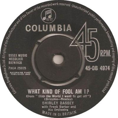 7inch Record SHIRLEY BASSEY - What Kind Of Fool Am I? 45DB4974 Columbia 1963 UK Jazz Used