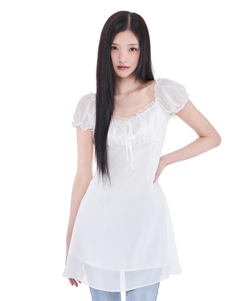 Alkialka Puff Chiffon Mini Dress (Ivory)