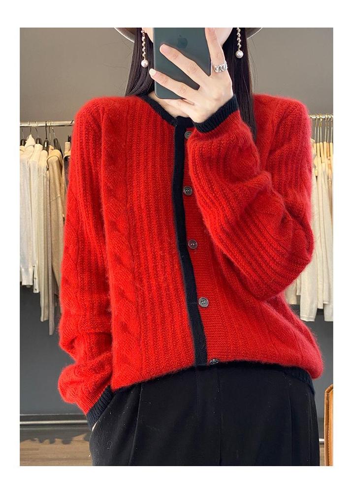 Women's 23-Color Block Round Neck Pure Wool Cardigan - Long Sleeve Knit Sweater