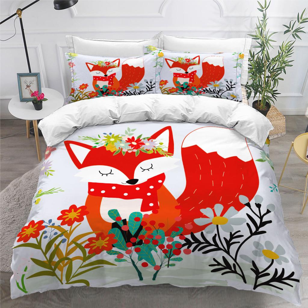 Cute Cartoon 3D Red Fox Digital Printing Three-Piece Set Size Quilt Cover Pillowcase