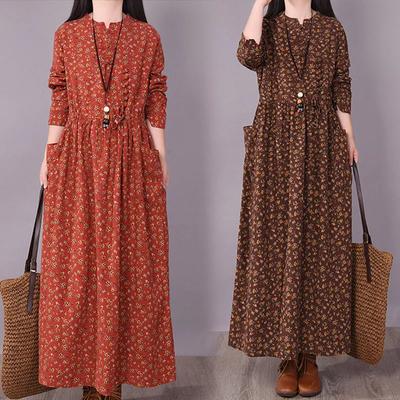 Spring and Autumn Loose Large Size Women's Disc Buckle Small Floral Skirt Lace-up Slim Cotton and Linen Dress