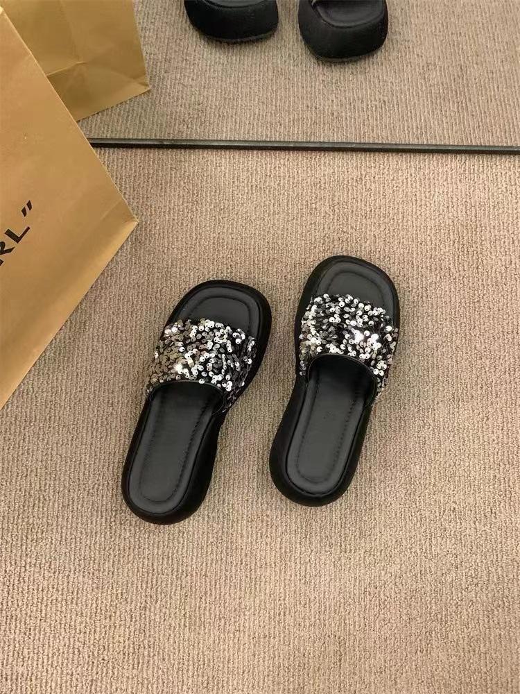 Slippers outer wear women's summer platform sandals half slippers women's sequins muffin bottom one word cool slippers comfortable and versatile