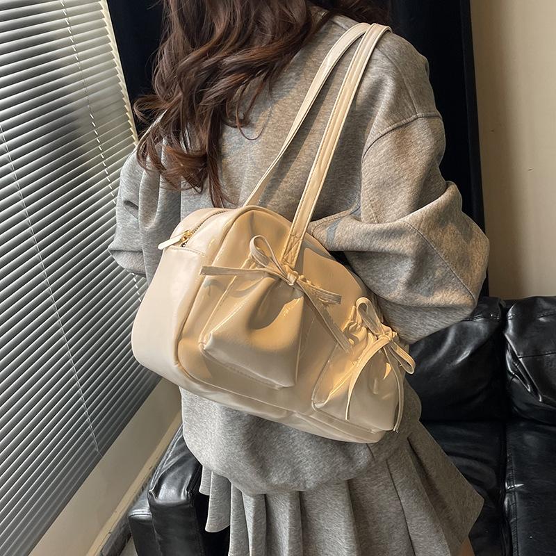 Sweet Bow Pleated Design Women Shoulder Bags Double-pocket Large Capacity Ladies Underarm Bag Solid Color Female Handbags Tote